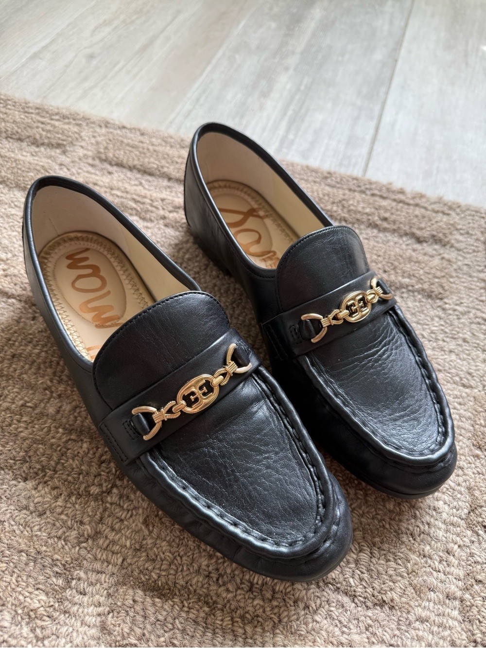 Sam Edelman Black Leather Loafers with Gold Chain Trim